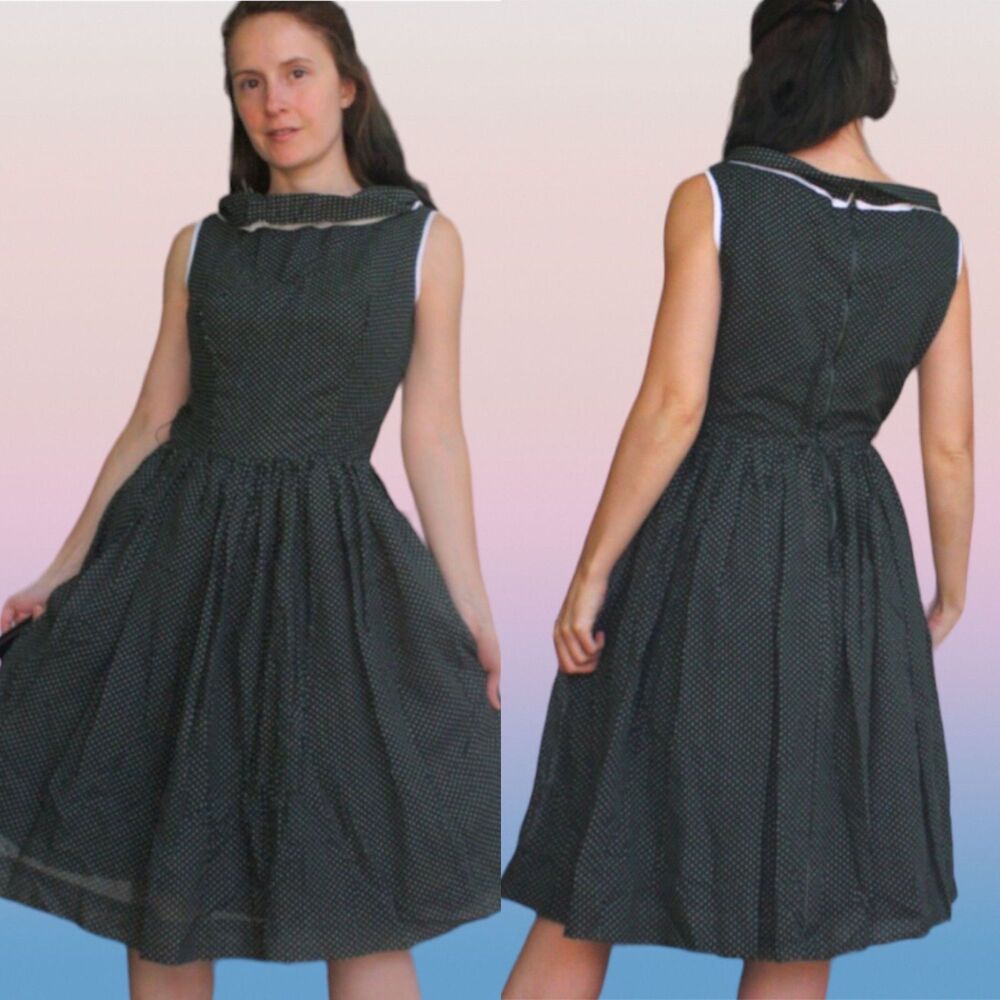 50s Dark Green Dress Polka Dot Print Sleeveless Vintage XS 25 Waist